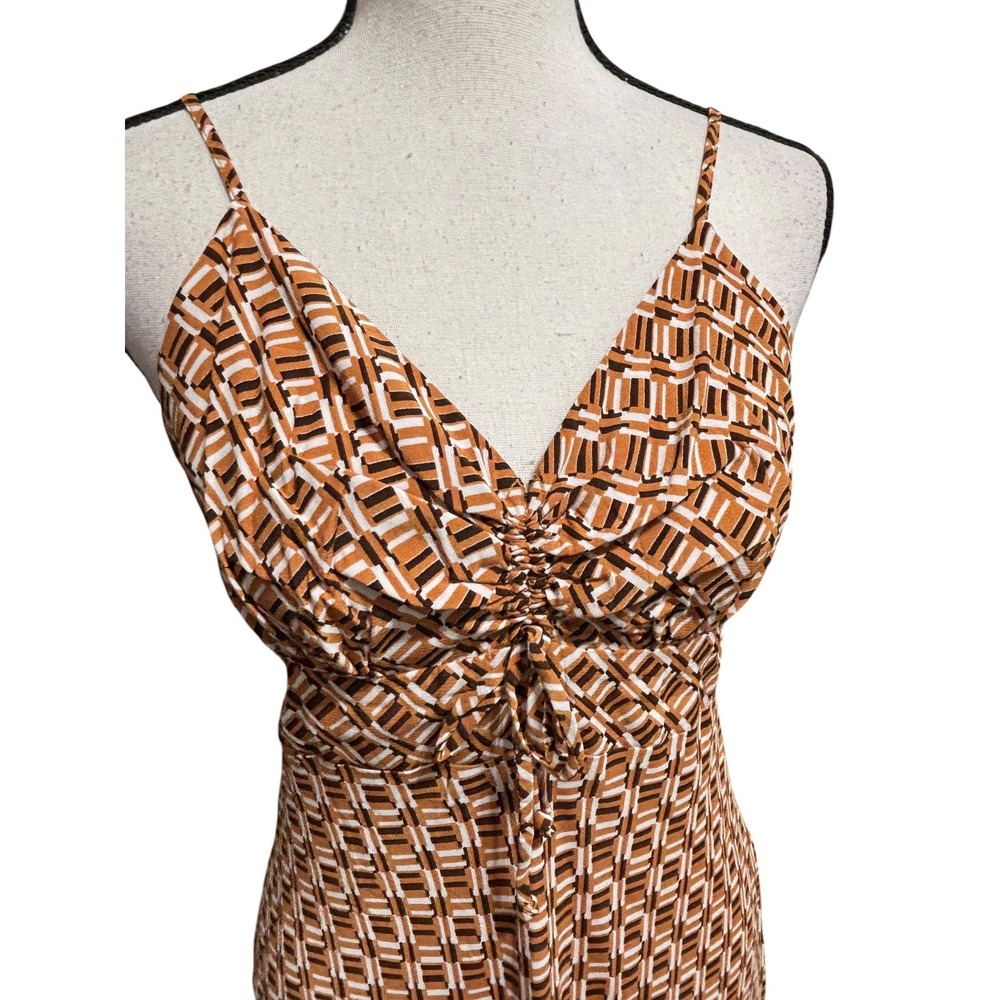 Faithfull the Brand Ruched Bust Brown Orange Midi Dress Geometric Print Sz 6 - Picture 5 of 9